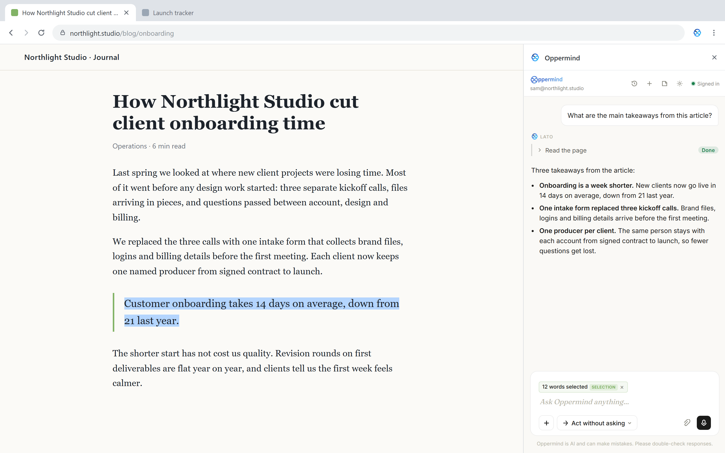The Oppermind side panel in the browser with a page-selection tag in the chat box above the message.