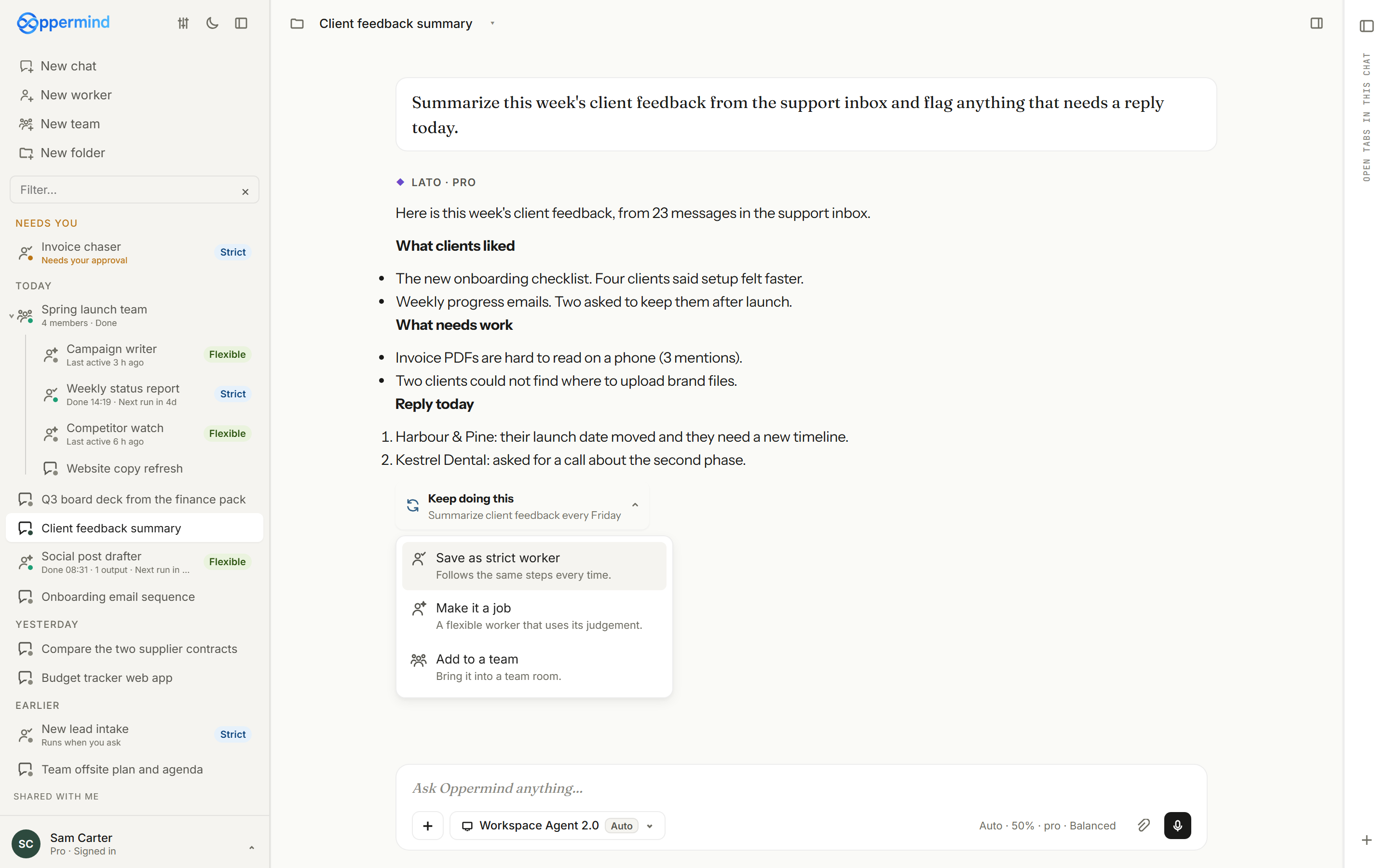 The Keep doing this menu under a finished task, with Save as strict worker, Make it a job and Add to a team.