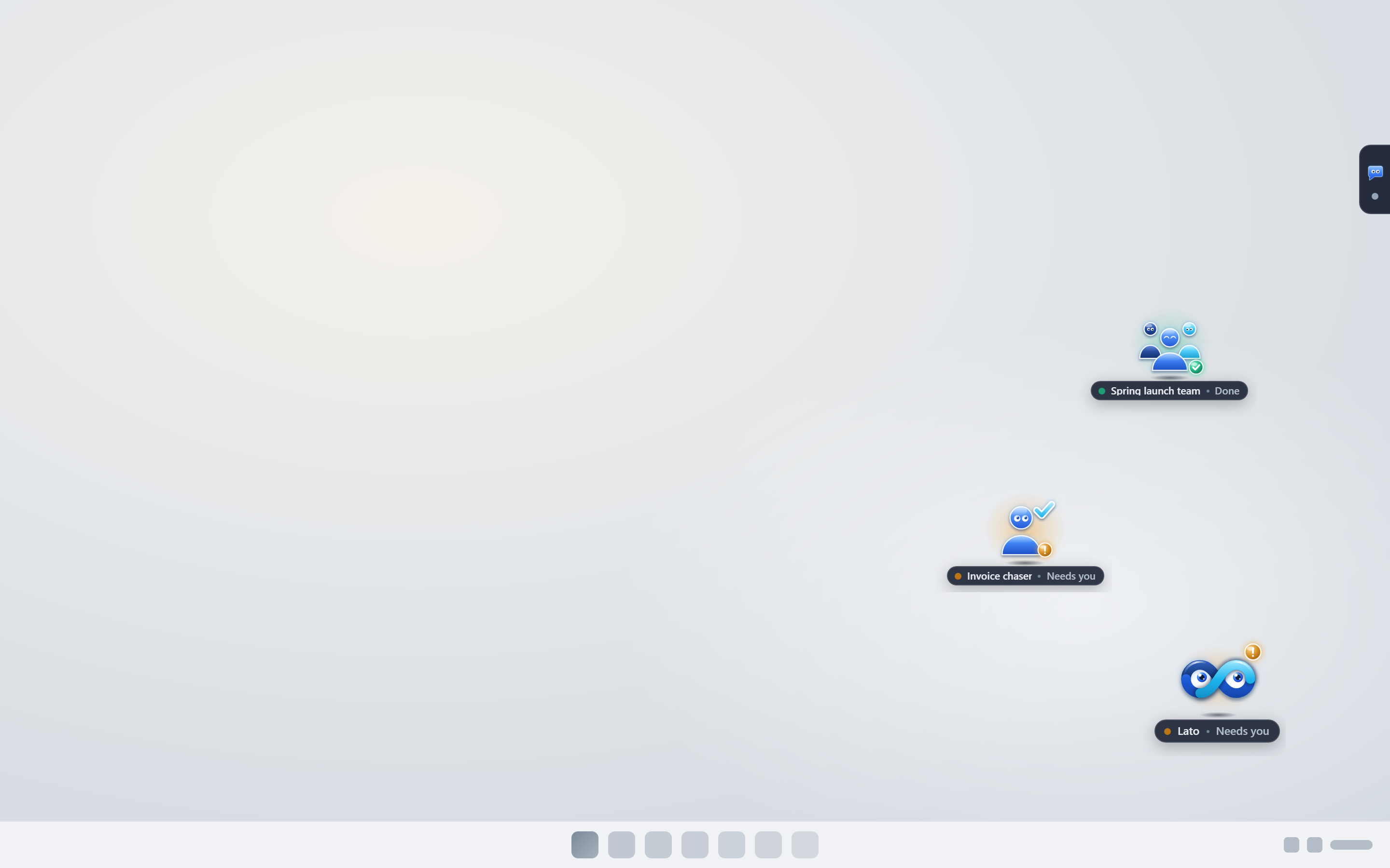 Lato and three widgets, a chat, a strict worker and a team, floating on a plain desktop, with one tucked against the screen edge as a tab.