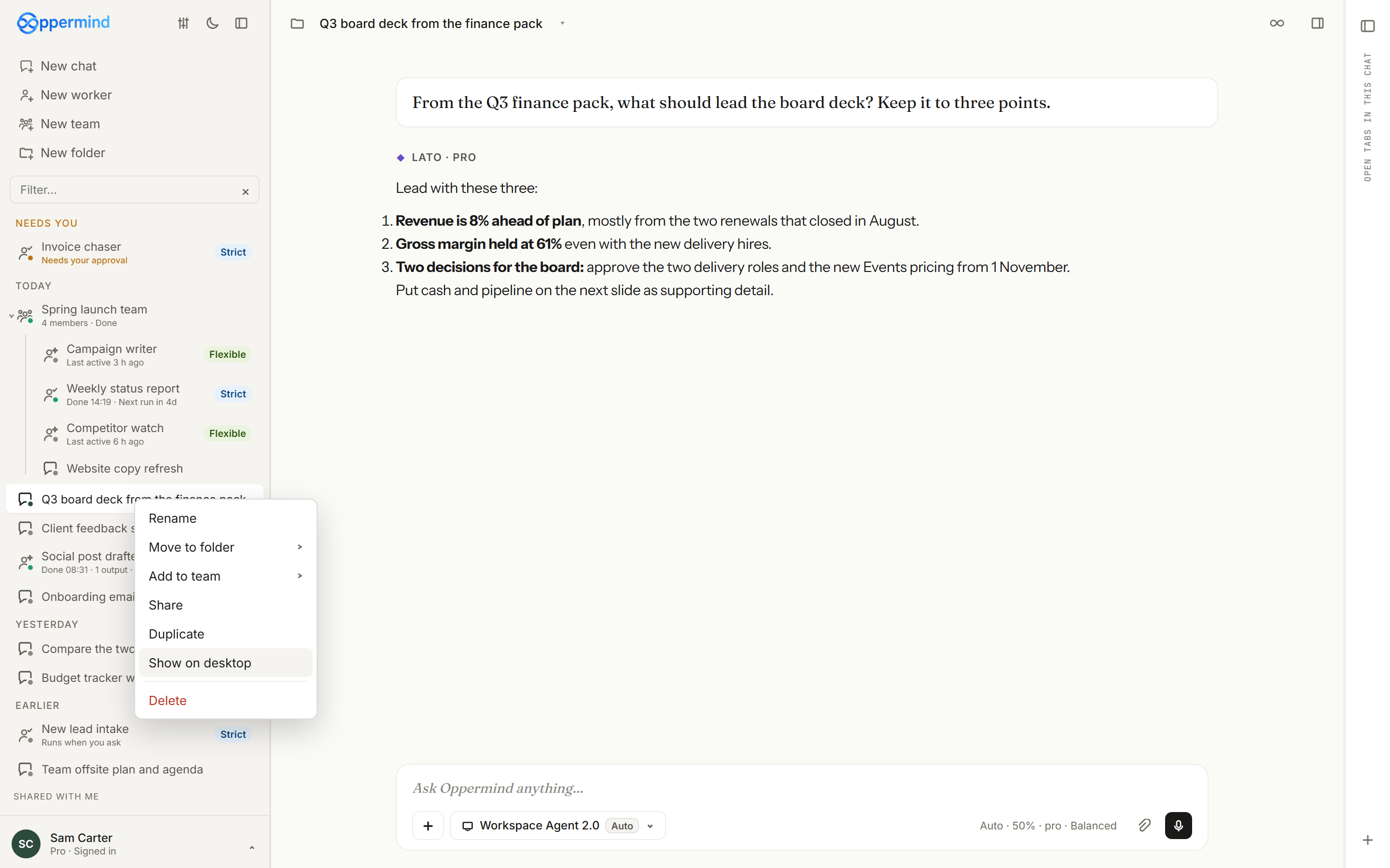 The Oppermind Desktop sidebar with a row's menu open and Show on desktop highlighted.